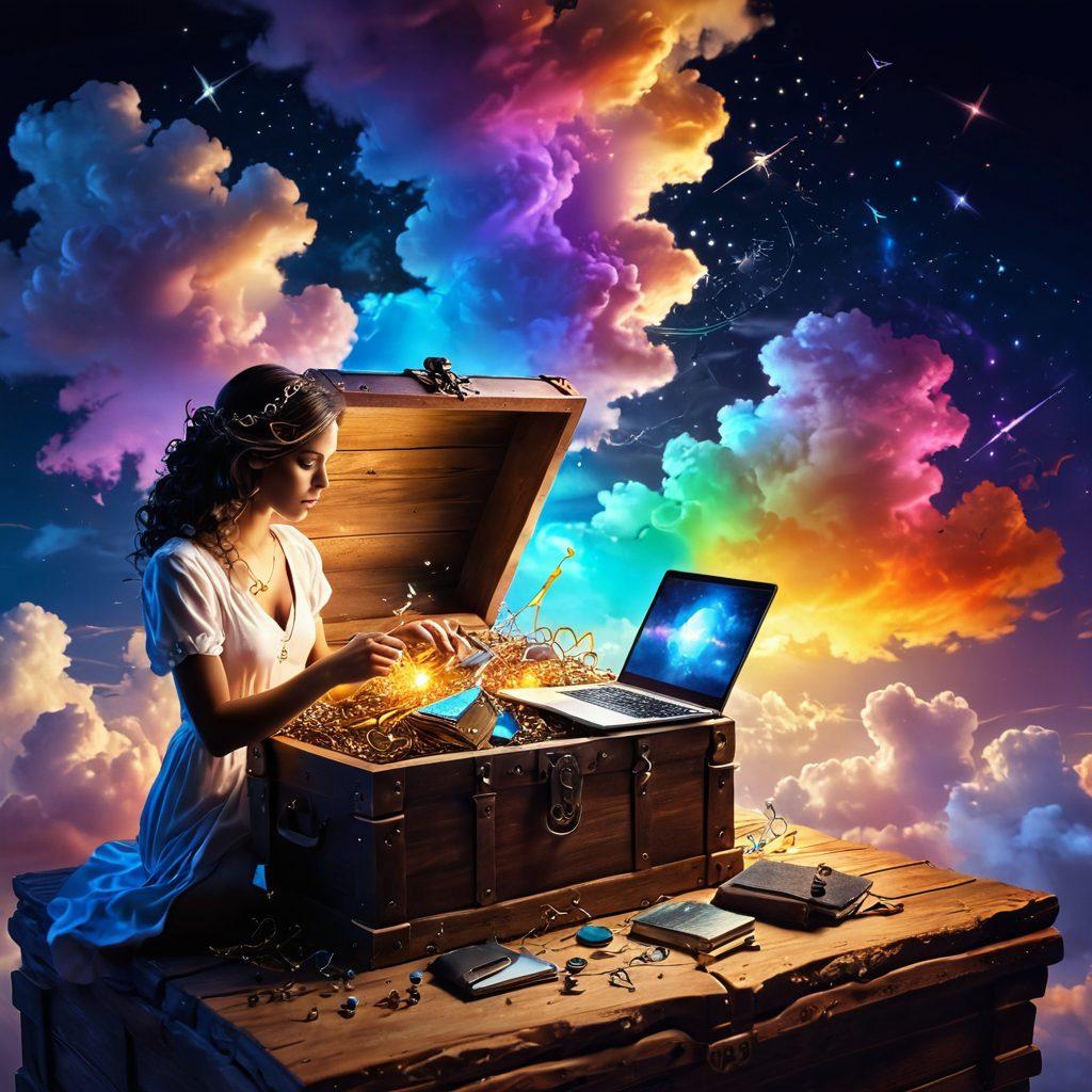 A mystical key unlocking a treasure chest overflowing with colorful blogging tools and journals, surrounded by swirling clouds of creativity and inspiration. In the background, a silhouette of a woman, Kendra, deep in thought with a laptop, symbolizing personal journey and introspection. Magical sparkles and glowing light effects enhance the atmosphere. vibrant colors. 3D.