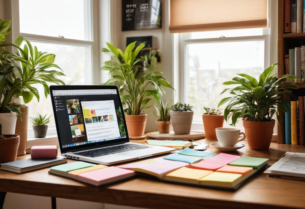 A cozy workspace featuring a stylish laptop, a steaming cup of coffee, and open journals scattered with colorful sticky notes. The background showcases a well-decorated bookshelf filled with lifestyle books and indoor plants adding a touch of greenery. Natural light streams through a window, creating an inviting ambiance. This scene reflects creativity and inspiration for an online journal. super-realistic. warm tones. white background.