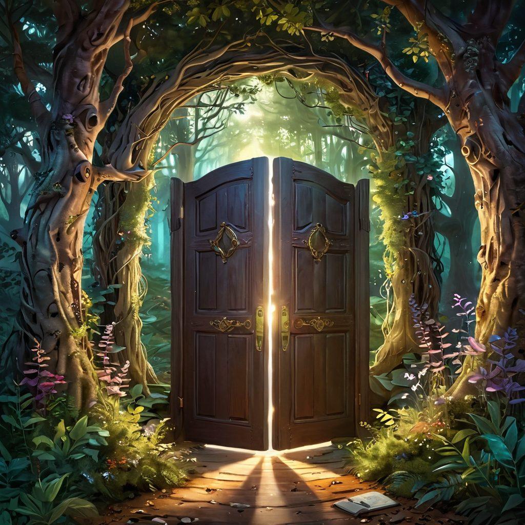 A captivating landscape depicting a magical unlockable door surrounded by swirling pages filled with Kendra's unique stories and secret insights. Ethereal light streams through the door, illuminating characters from her journey who are interacting with the pages. The background features a mystical forest teeming with vibrant flora and hidden treasures, inviting viewers to explore further. whimsical illustration. vibrant colors. fantasy art.